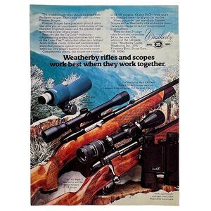 Weatherby Rifles Scopes Print Ad Vintage 1980 Hunting Firearms Binoculars